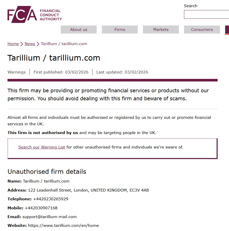 tarillium fca warning
