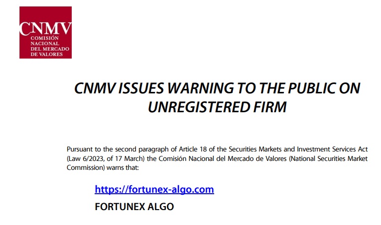 fortunex algo cnmv warning