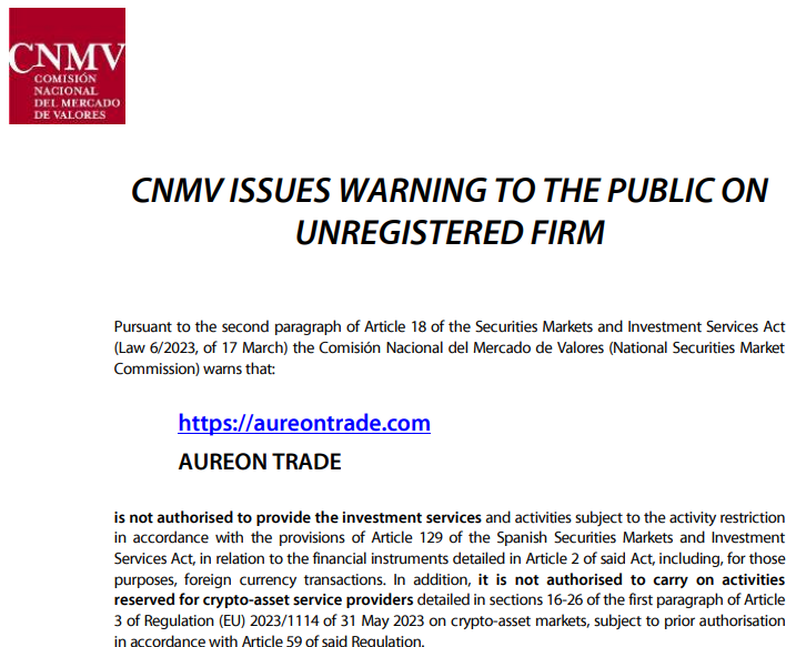 CNMV Warning